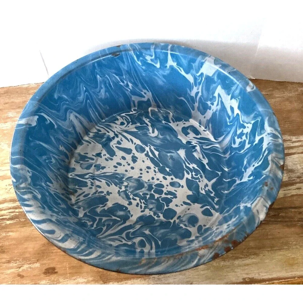 Antique vintage enamelware enameled swirl blue white basin bowl chippy farmhouse